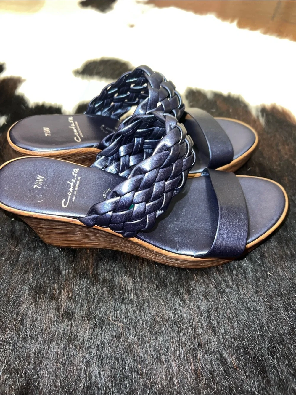 NWOT! Contesa Made in Italy Metallic Navy Braided Wedge Sandals - Women 7.5W
